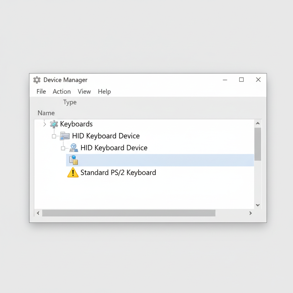 Windows Device Manager showing keyboard drivers and warning icon