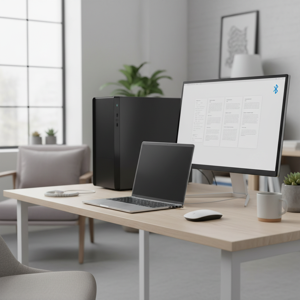 Laptop and desktop setup using a compact wireless mouse with USB dongle and Bluetooth