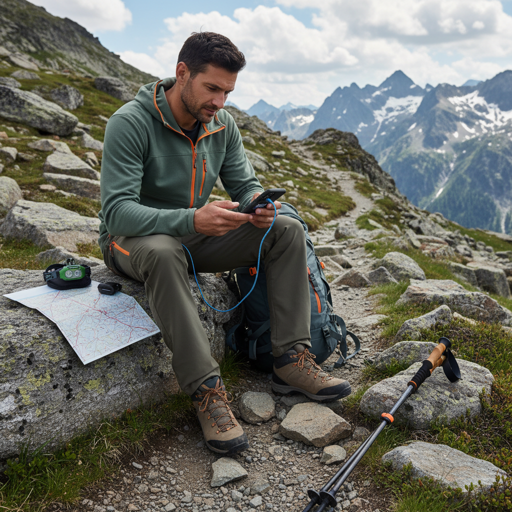 Hiker checking battery level and USB-C cable connections on a portable charger