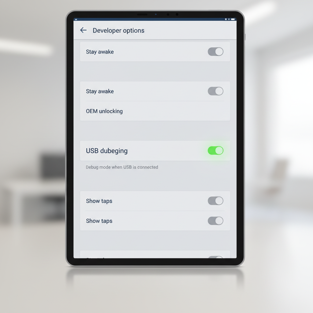 Android Developer options page with USB debugging toggle highlighted