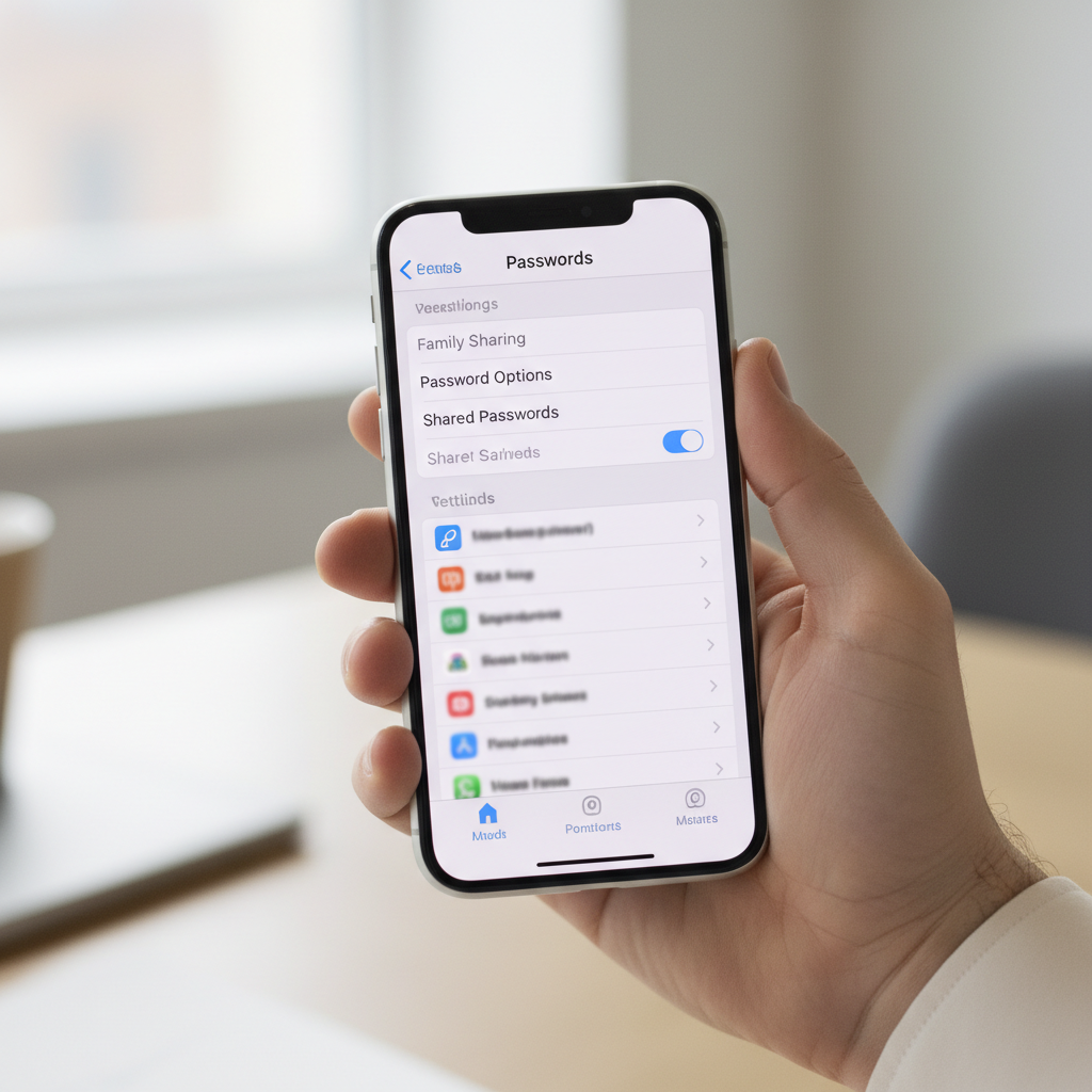 iPhone Settings showing Passwords section for viewing saved logins