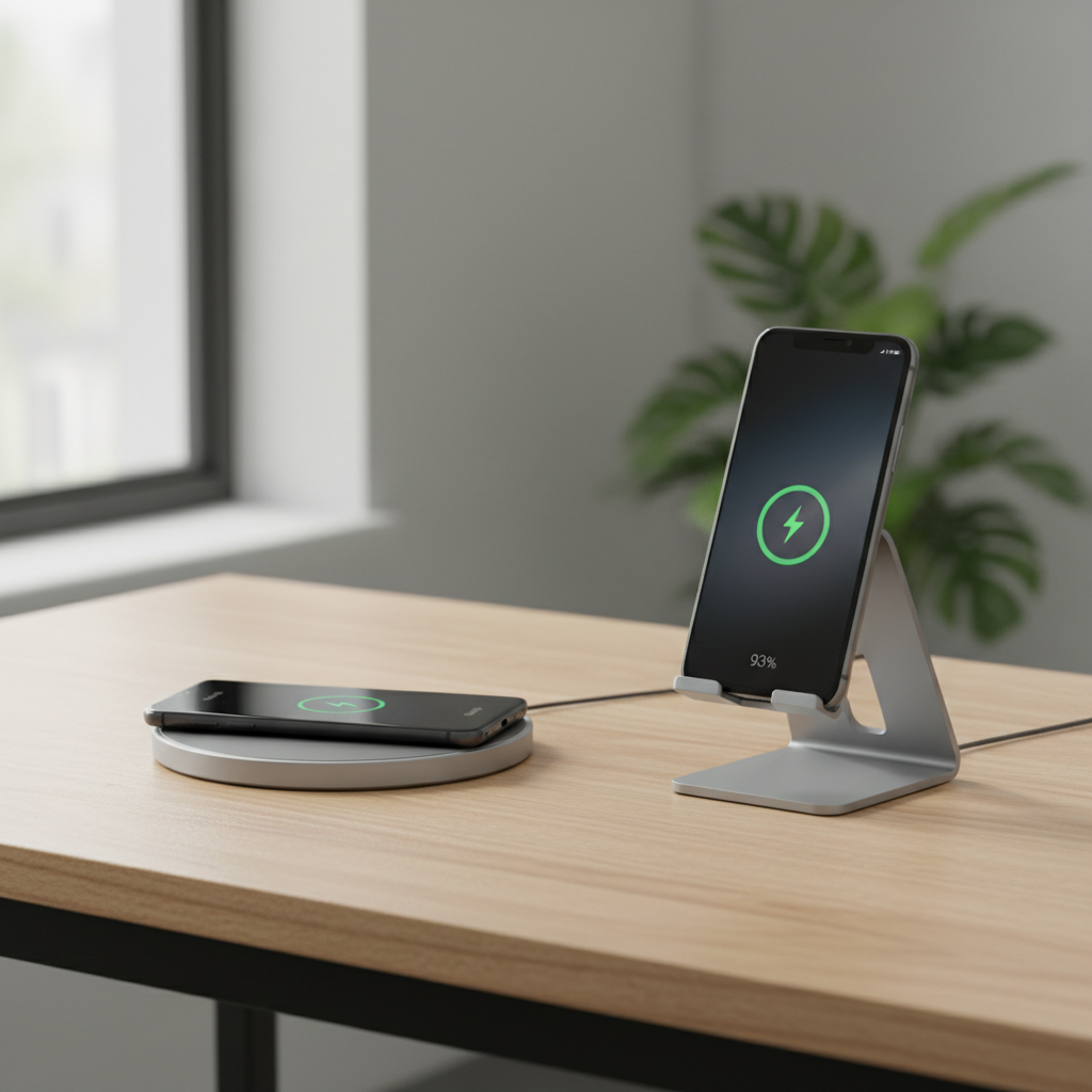 Wireless charging pad and stand with Android phone on a desk
