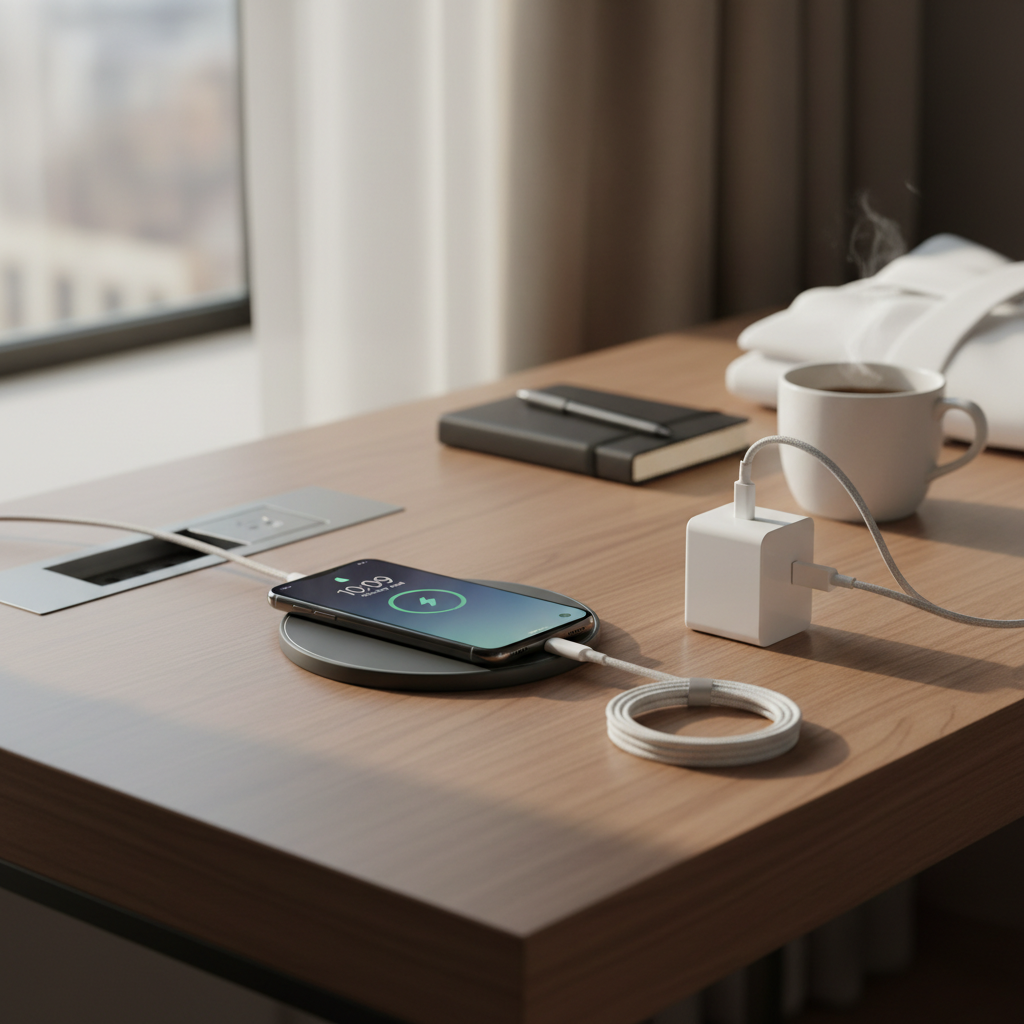 Travel-friendly wireless charger and Android phone next to USB-C adapter