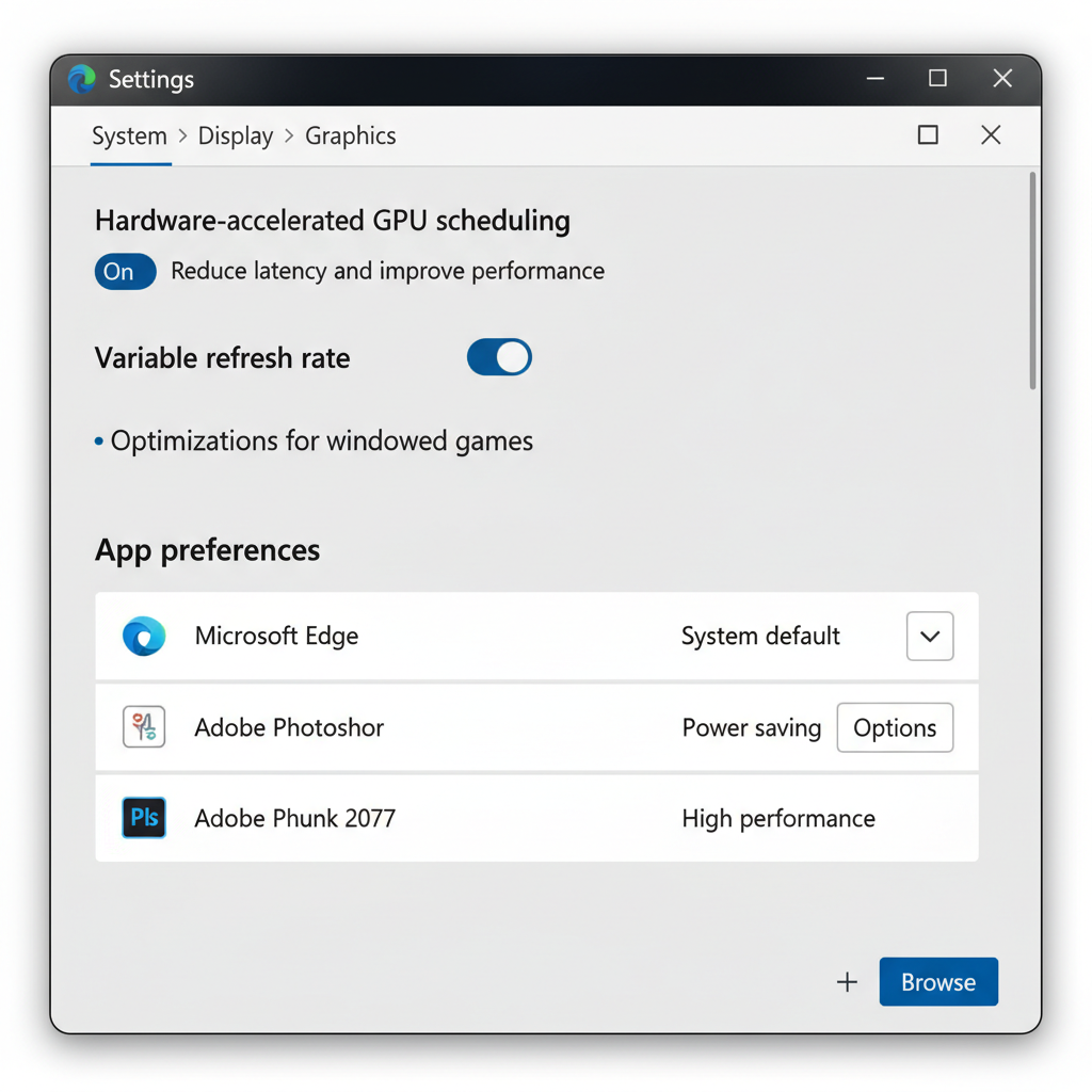 Windows 11 graphics settings page showing per-app GPU selection and HAGS