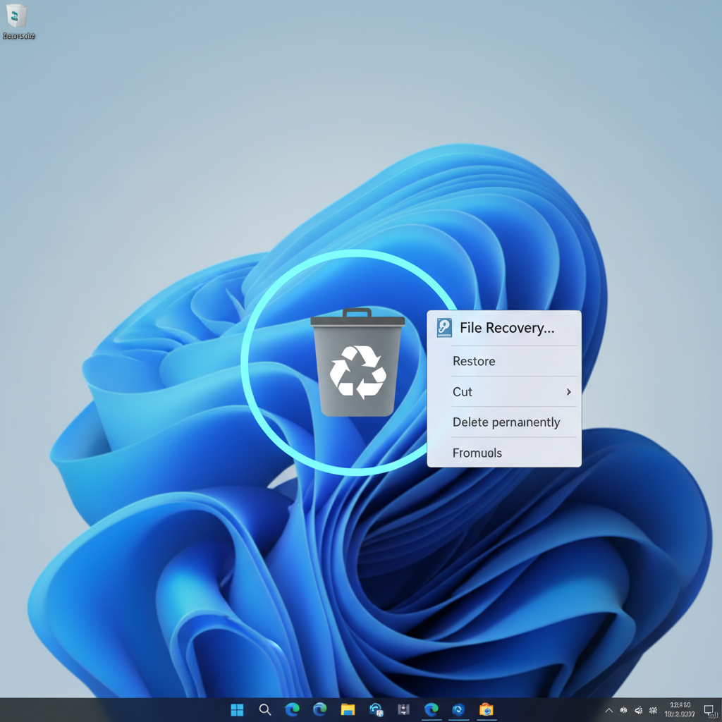 Windows 11 desktop showing Recycle Bin and file recovery options