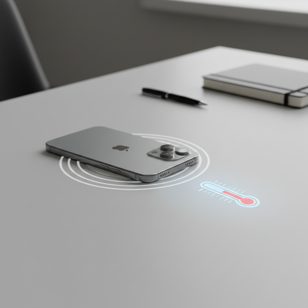iPhone charging on a desk with temperature and charging habits concept