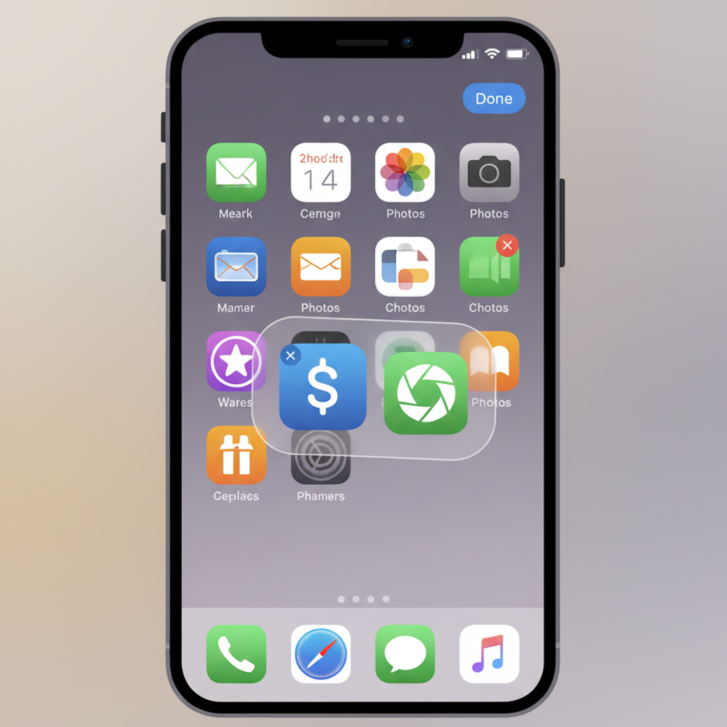 iPhone Home Screen with apps being dragged to create a folder