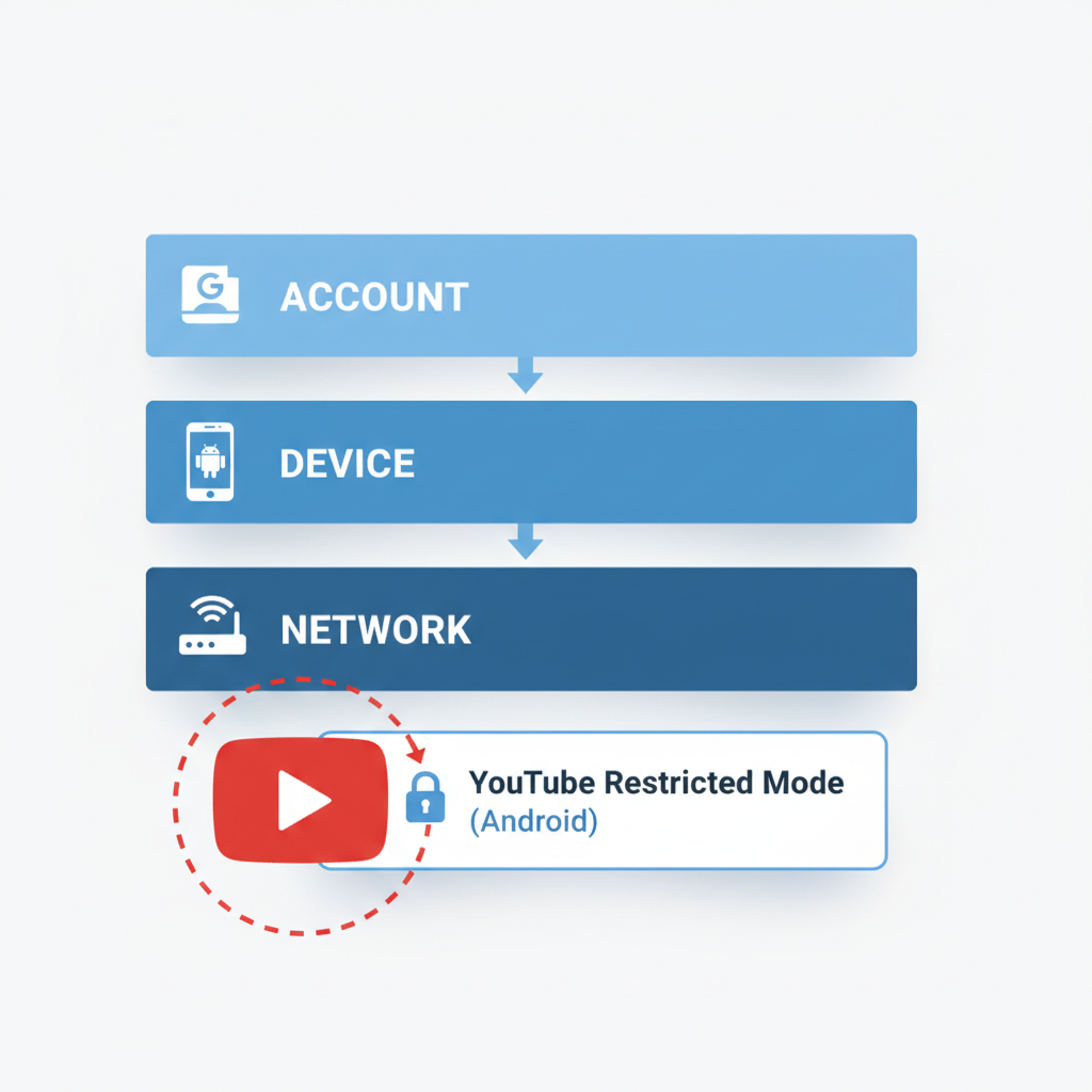 Diagram-style view of account, device, and network layers controlling Restricted Mode