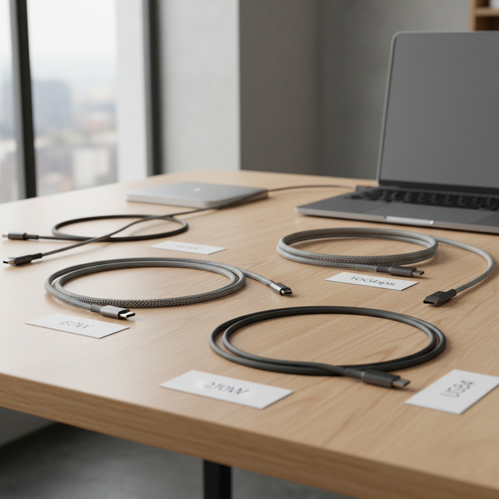 USB-C cable comparison showing wattage and data speed labels for choosing the right cable
