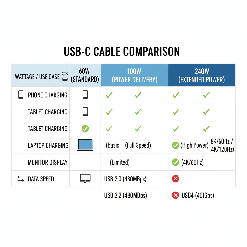 Comparison table of USB-C cable wattage and use cases