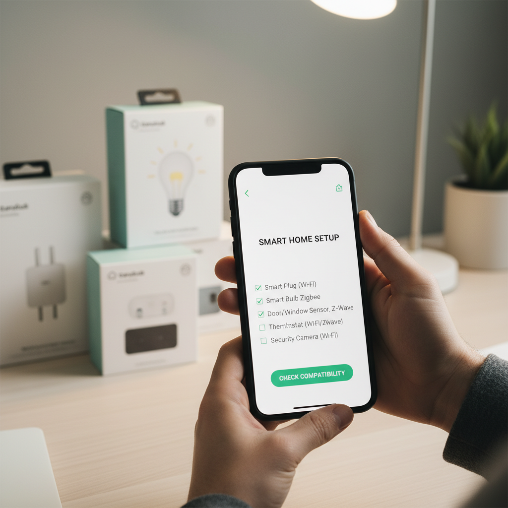 Person checking smart home compatibility on a phone before purchase