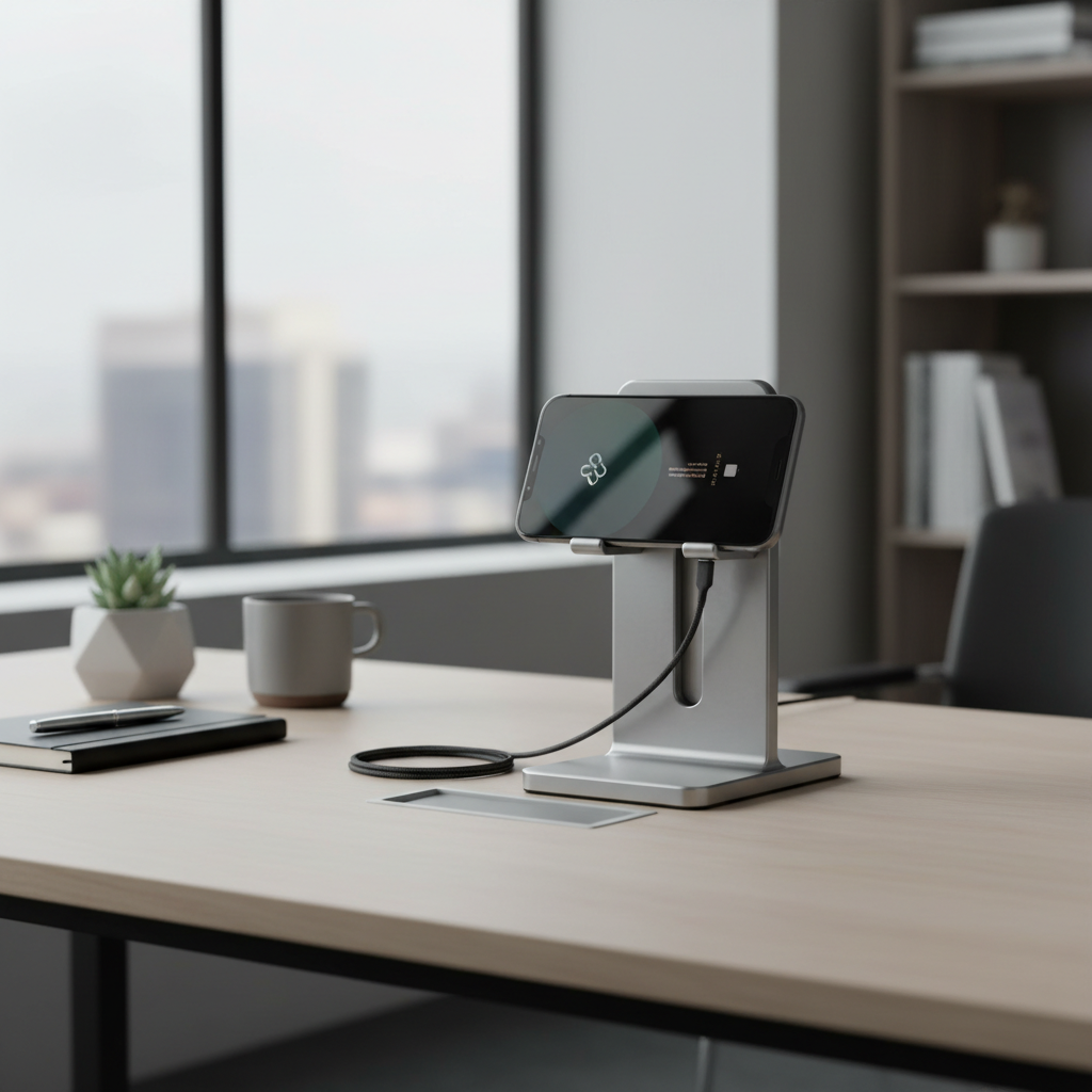 Stable weighted phone stand with charging cable management on office desk