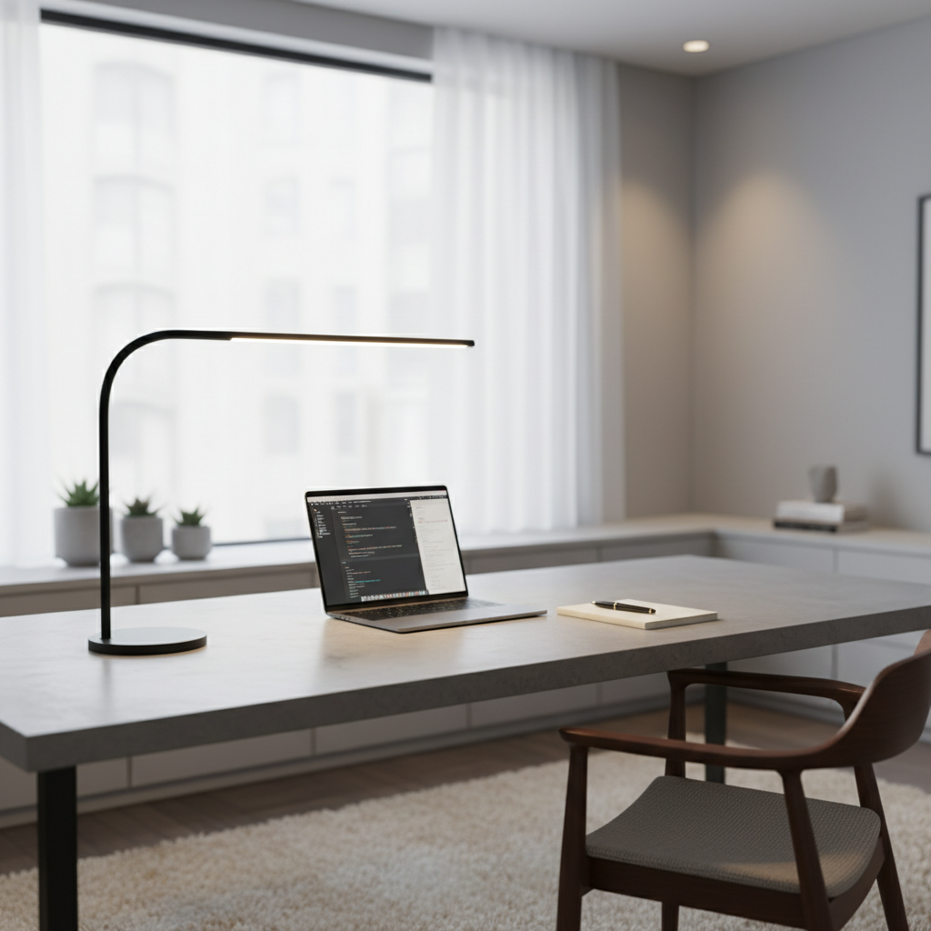 Home office desk setup with ergonomic desk lamp and laptop lighting