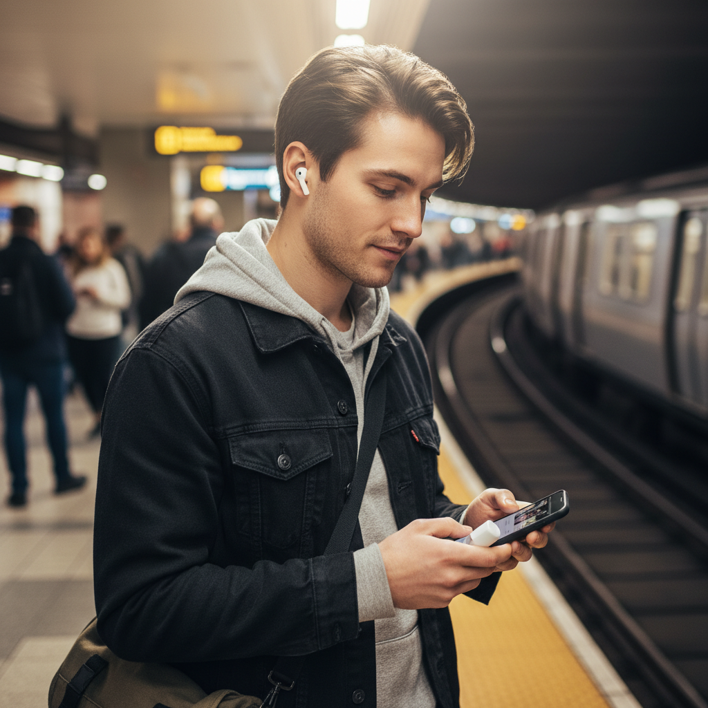 Person using budget wireless earbuds on a city commute