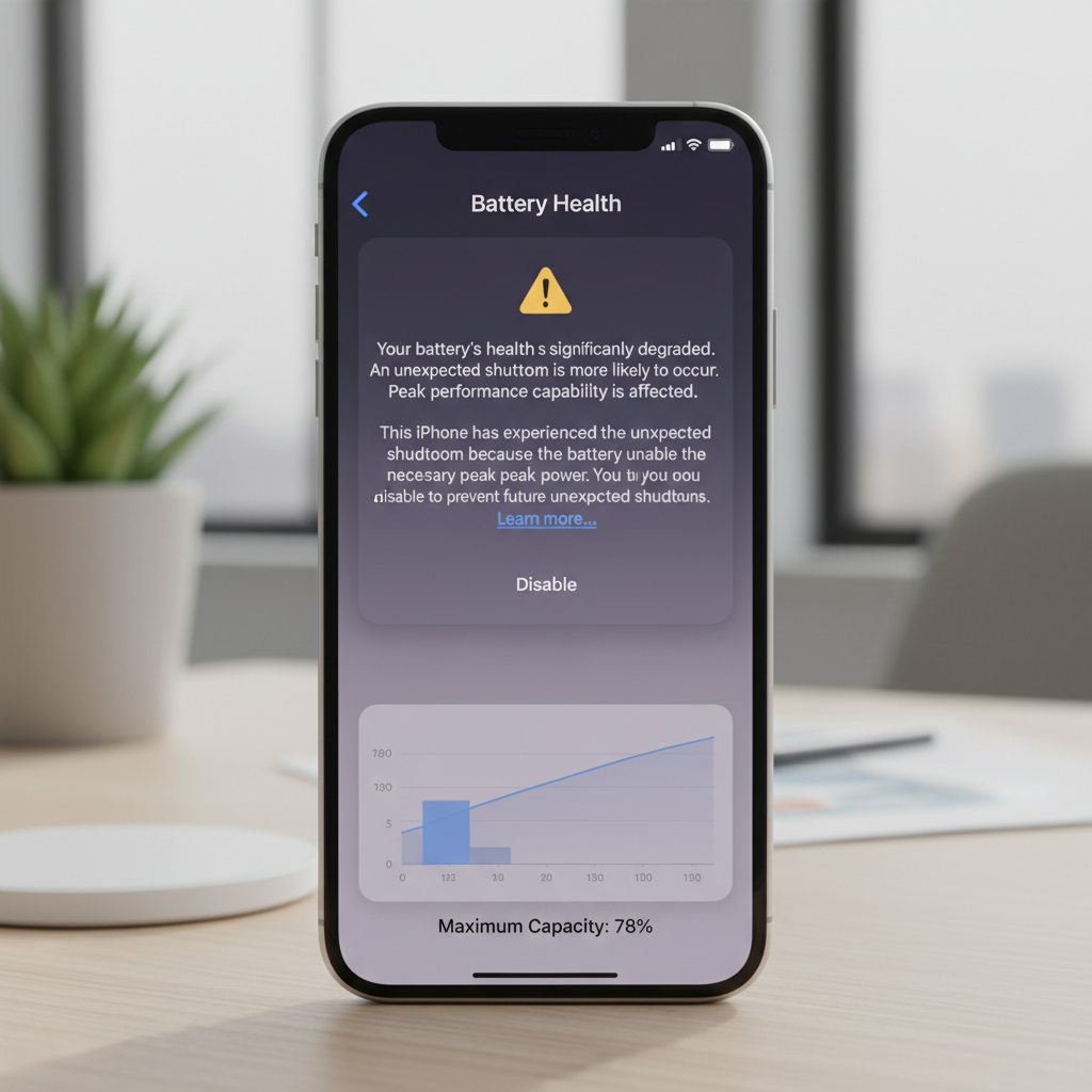 Battery health warning message and peak performance capability on iPhone