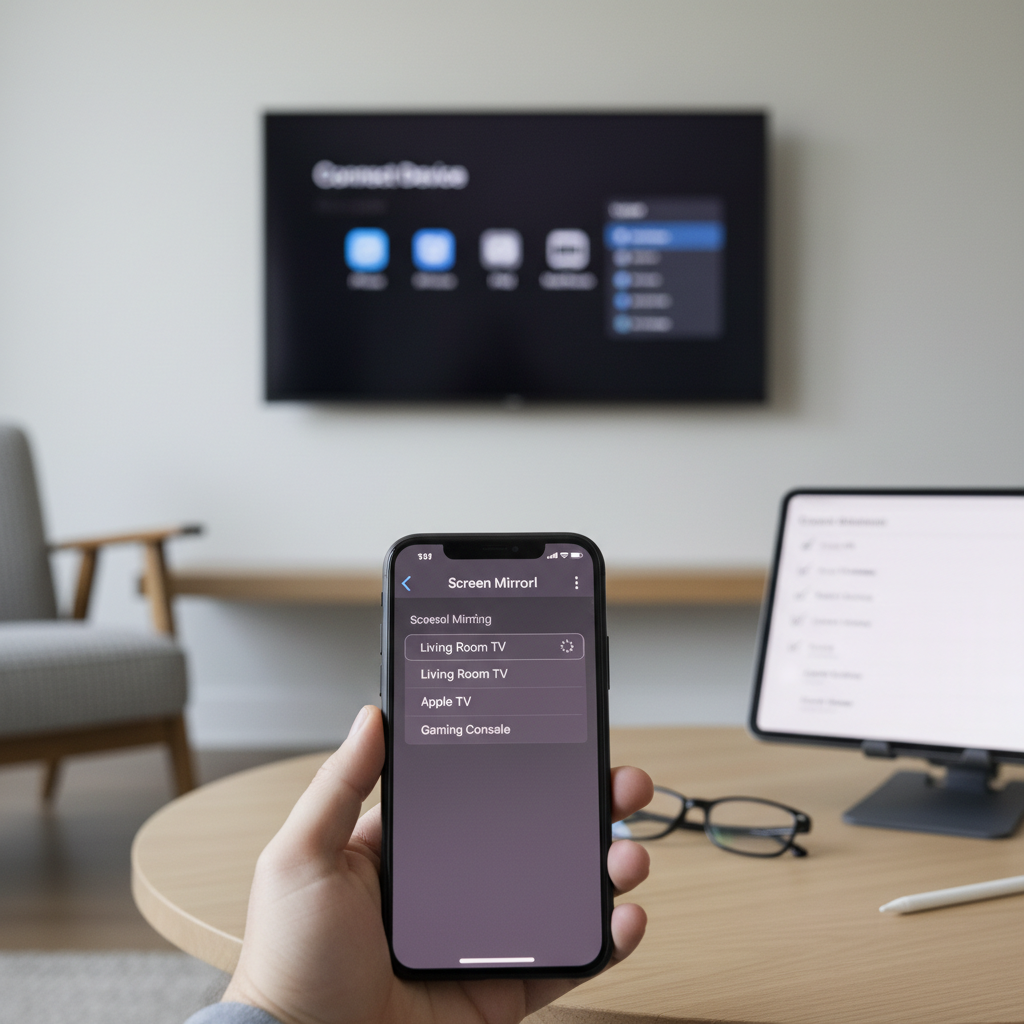 AirPlay troubleshooting showing iPhone Screen Mirroring menu and TV not appearing
