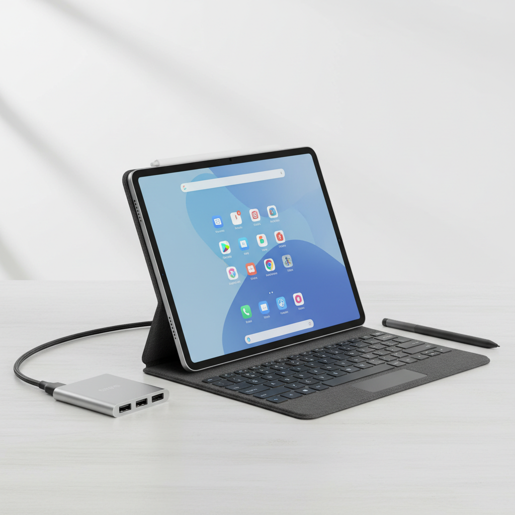 Budget tablet accessories setup with stylus, keyboard case, and USB-C hub