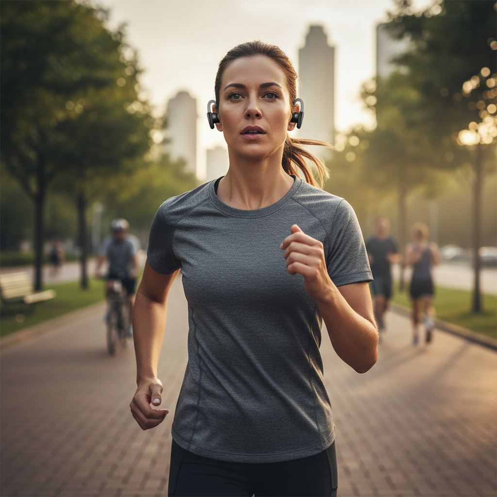 Runner wearing wireless earbuds with secure ear hooks outdoors