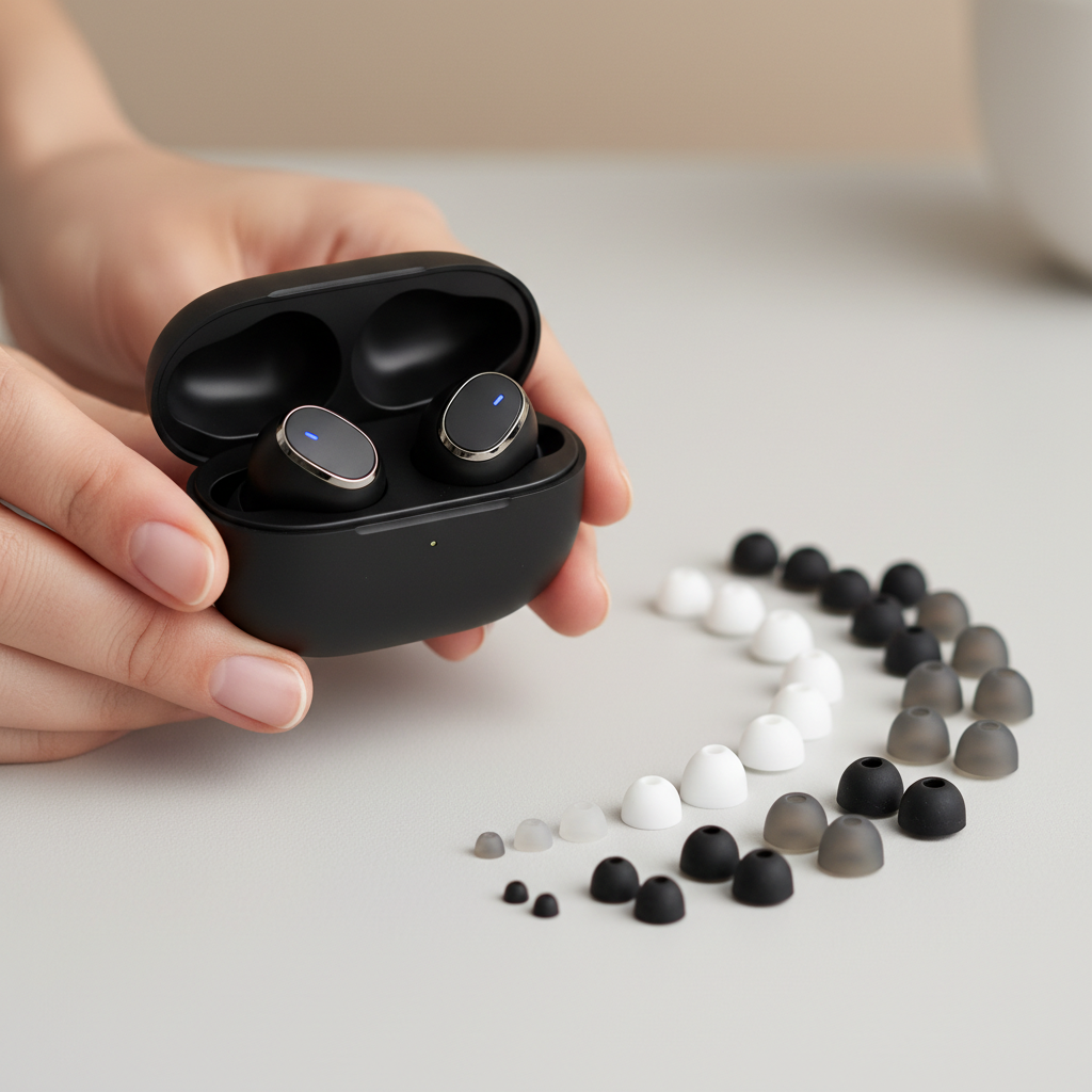 Hands testing earbud fit with multiple ear tips and charging case