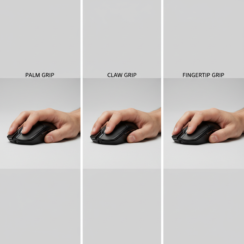 Different mouse grip styles for large hands: palm, claw, fingertip
