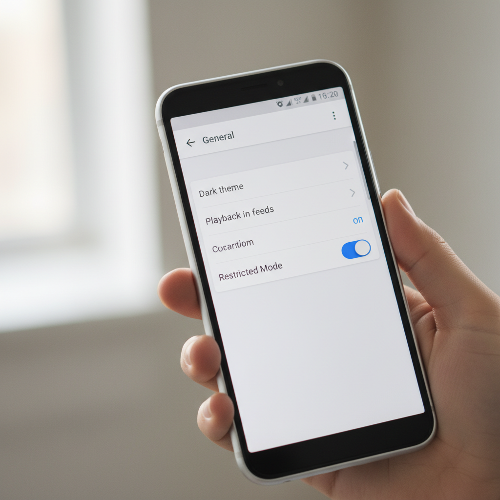 Android phone showing YouTube Restricted Mode toggle in settings