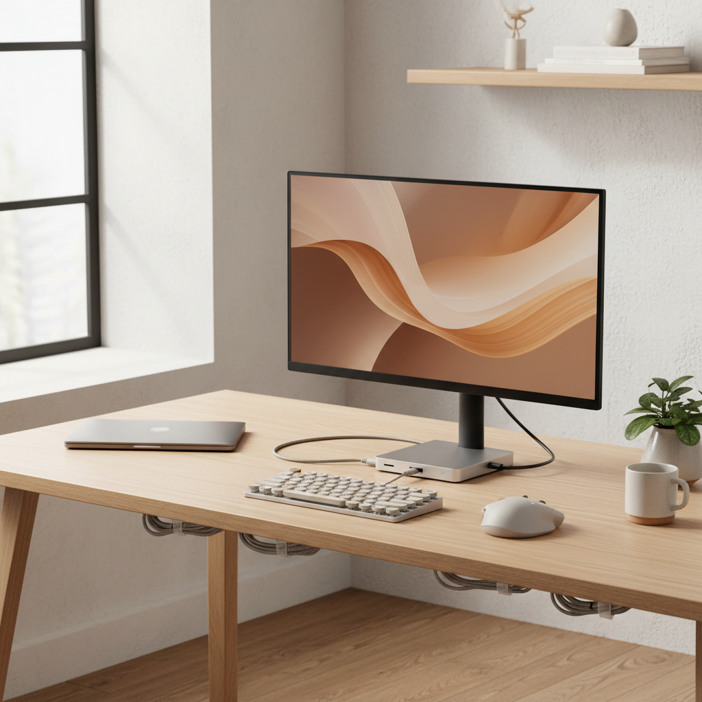 Home office setup with USB-C dock powering laptop and external monitor with tidy cable management