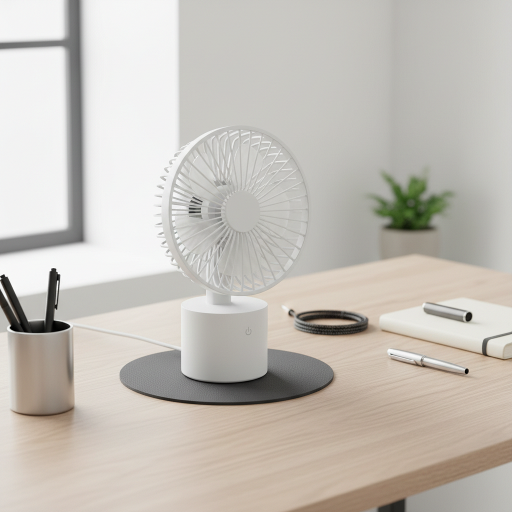 Desk fan placed on a vibration-dampening pad for quieter operation