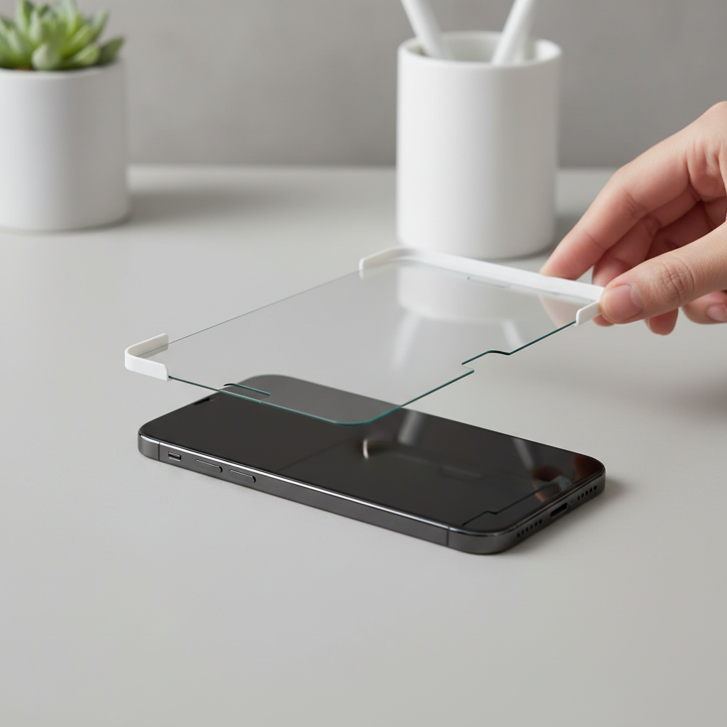 iPhone 15 with tempered glass screen protector aligned on a clean desk