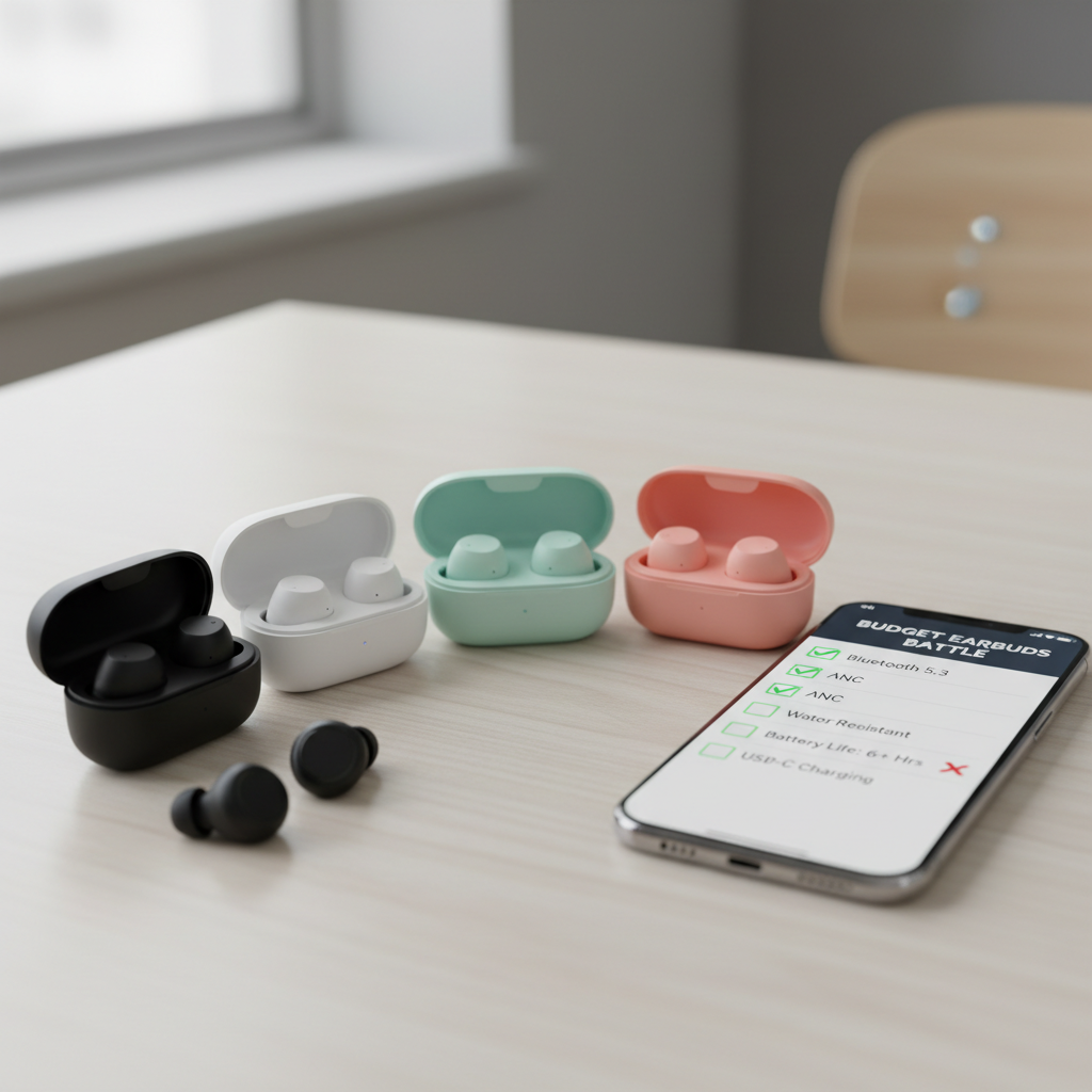 Budget wireless earbuds under $50 comparison on a desk