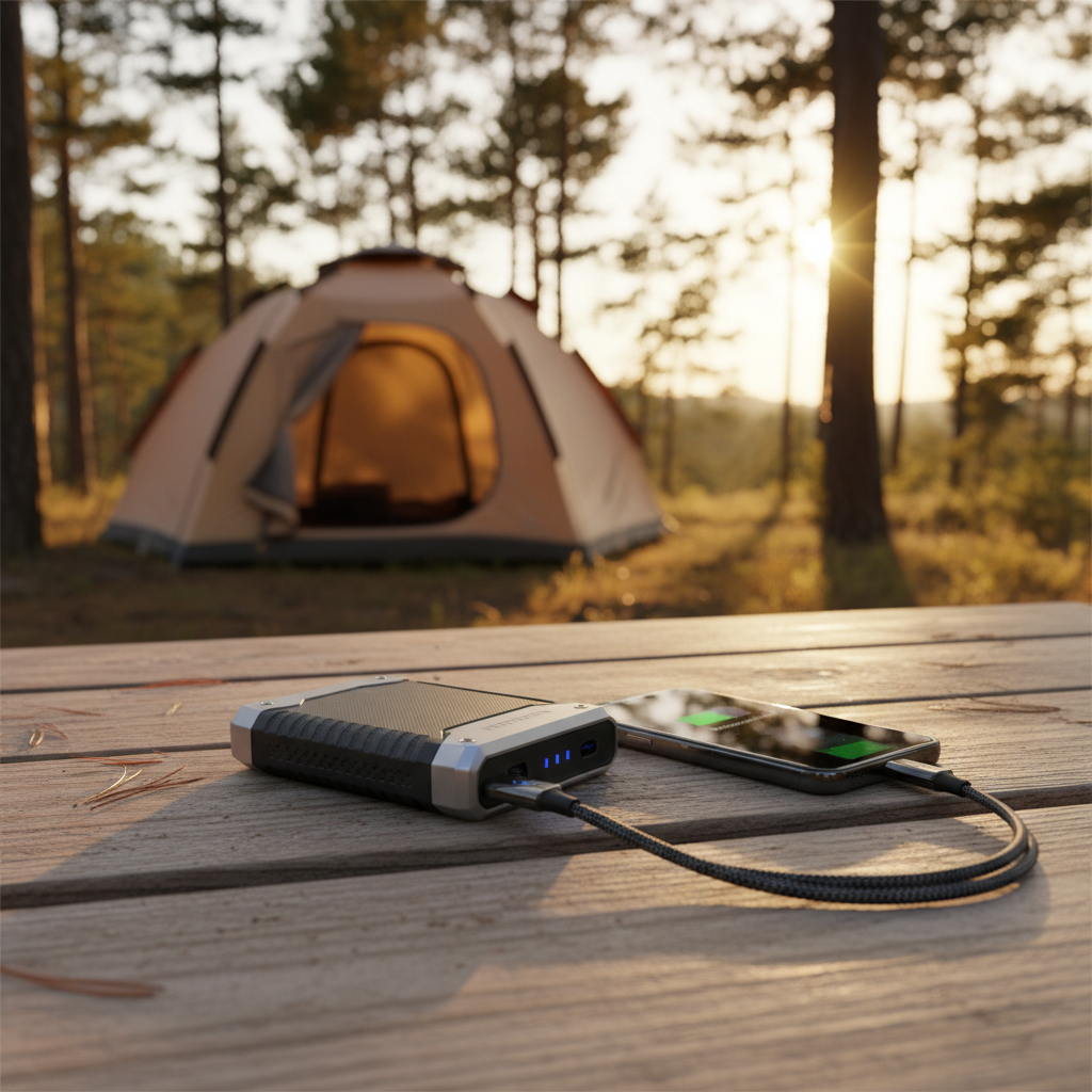 Portable power bank charging a phone at a campsite picnic table
