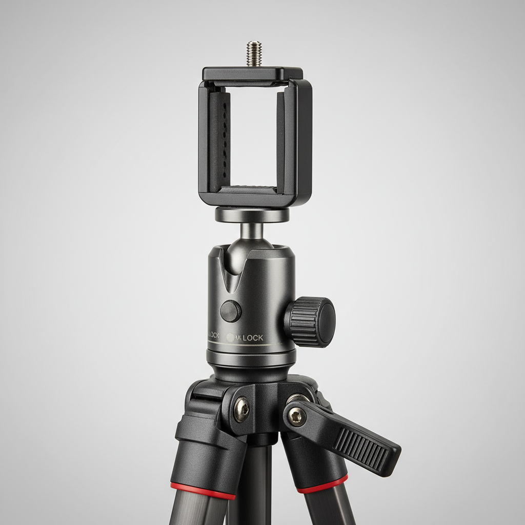 Close-up of phone tripod mount showing clamp, ball head, and stable leg locks