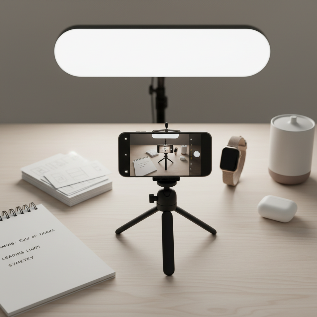 Tabletop phone tripod setup for product video and overhead shot planning