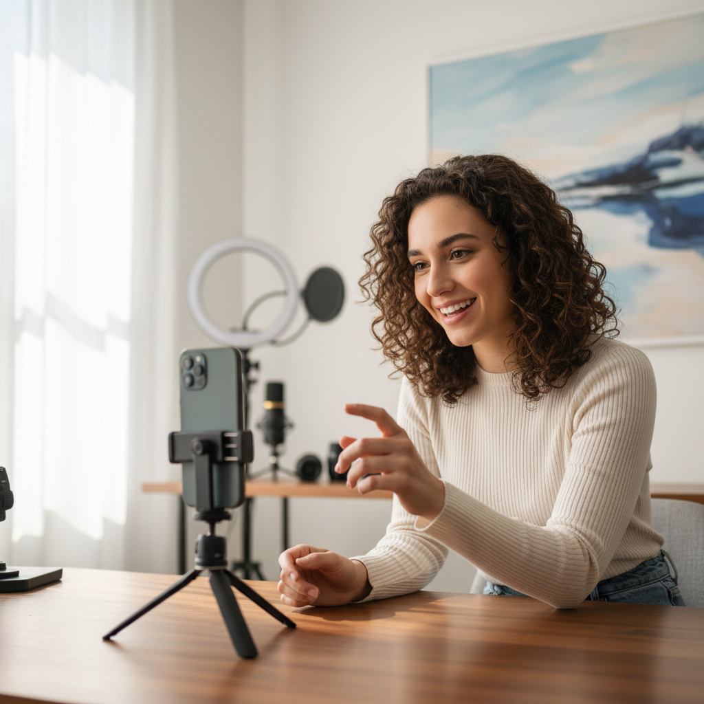 Content creator filming vertical video with a smartphone on a tripod