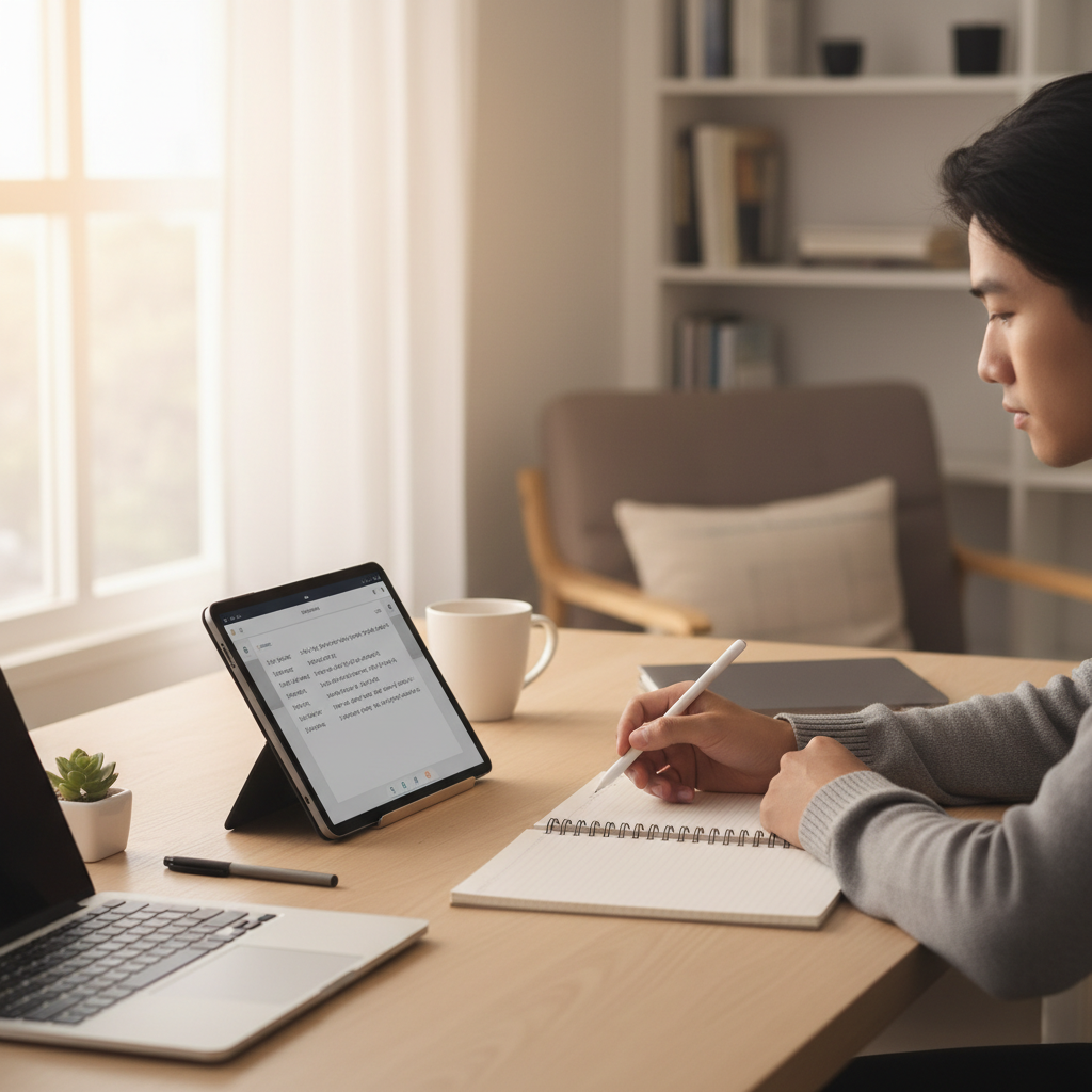 Student using a budget tablet for note-taking and studying at a desk