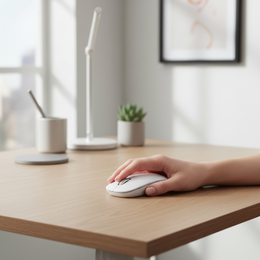 Small hand holding a compact wireless mouse on a desk