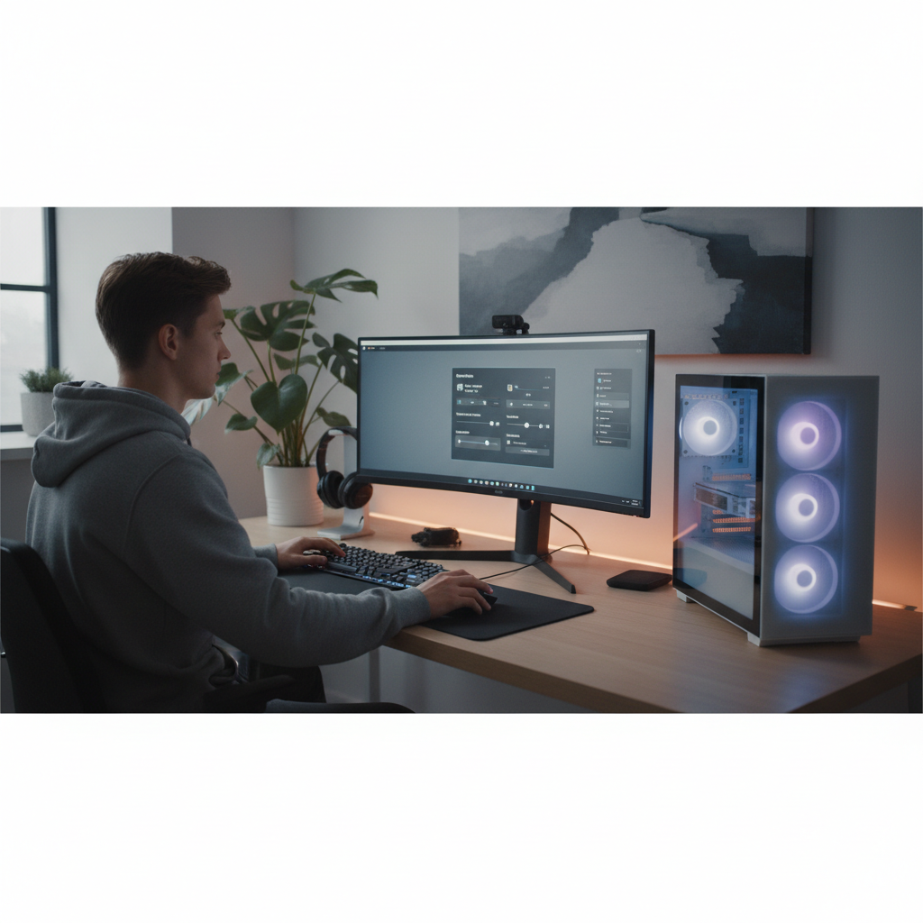 Gamer using Windows 11 PC adjusting Game Mode and graphics settings