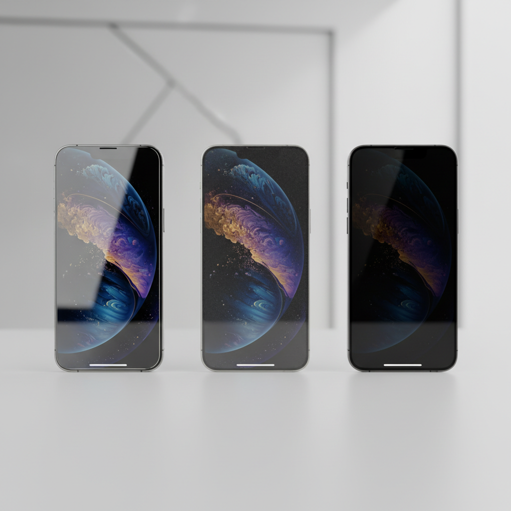 comparison of clear matte and privacy screen protectors on iPhone 15 display