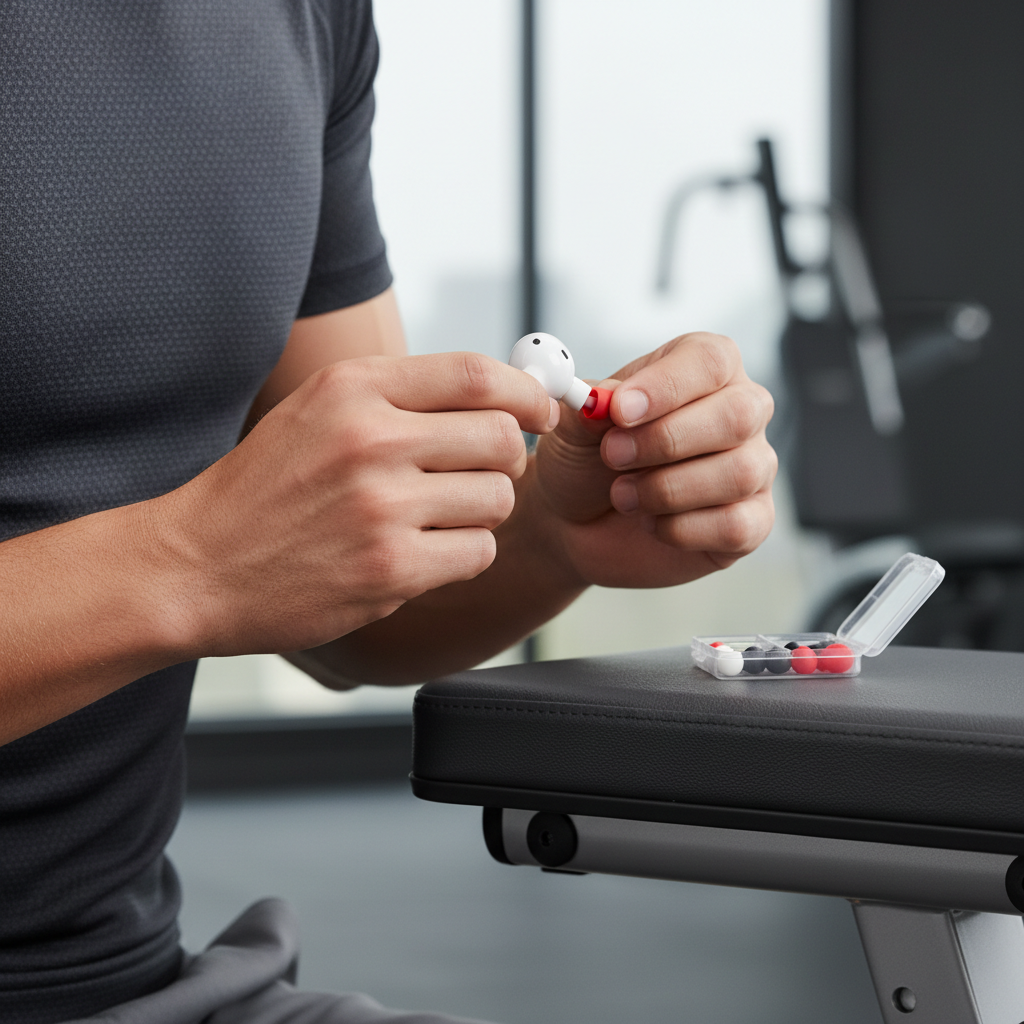 Runner adjusting earbud fit and ear tips before a workout