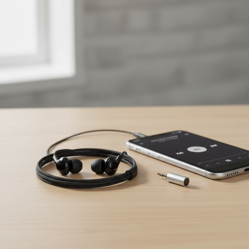 Budget wired earphones and phone with 3.5mm adapter on a desk