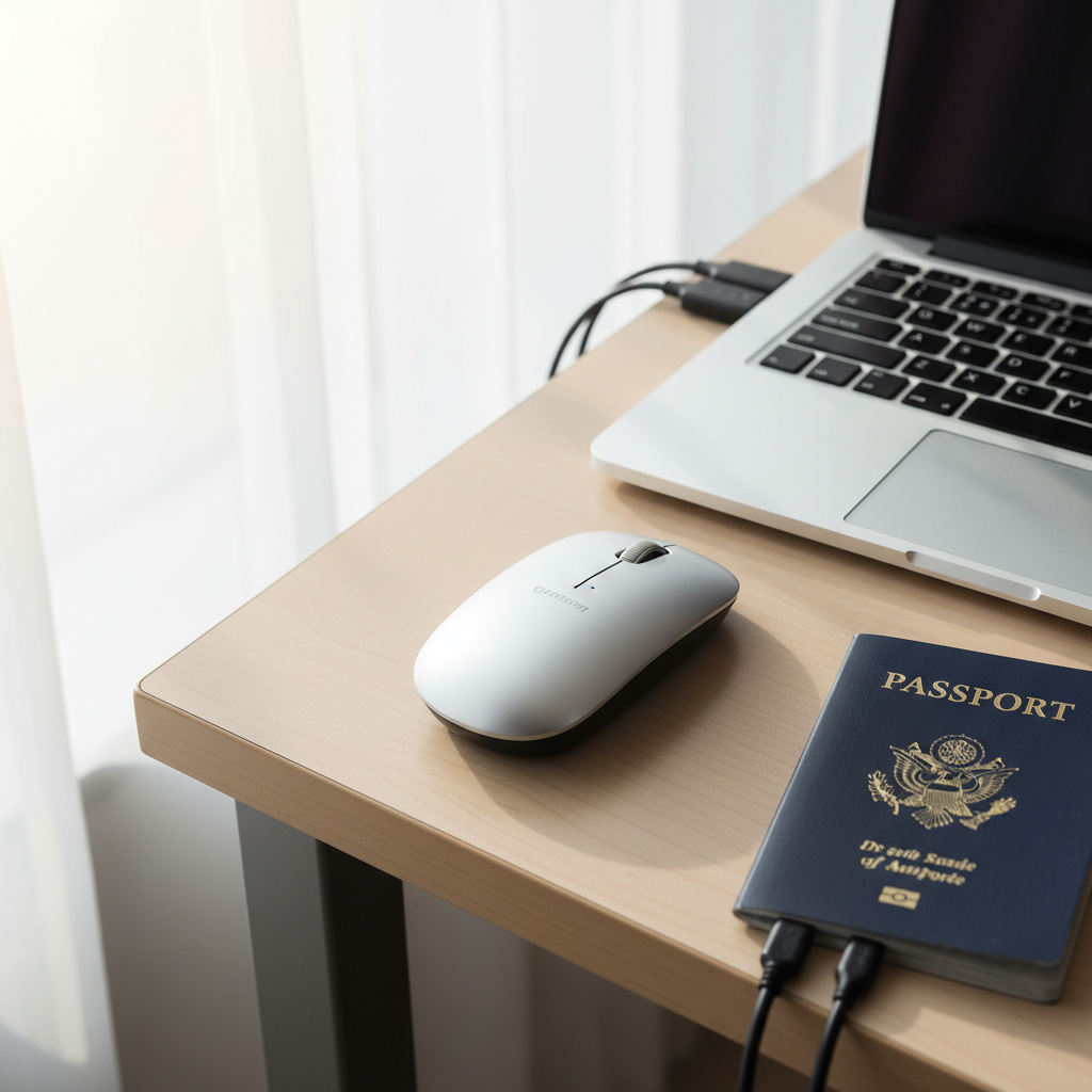 Budget wireless mouse setup for travel and remote work on a laptop desk