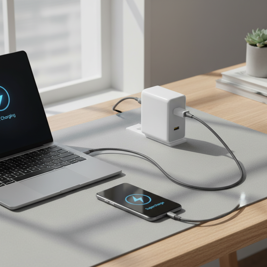 USB-C cable fast charging setup with phone and laptop