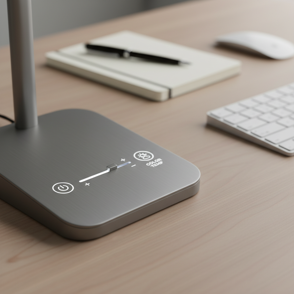 Desk lamp brightness and color temperature controls in a home office