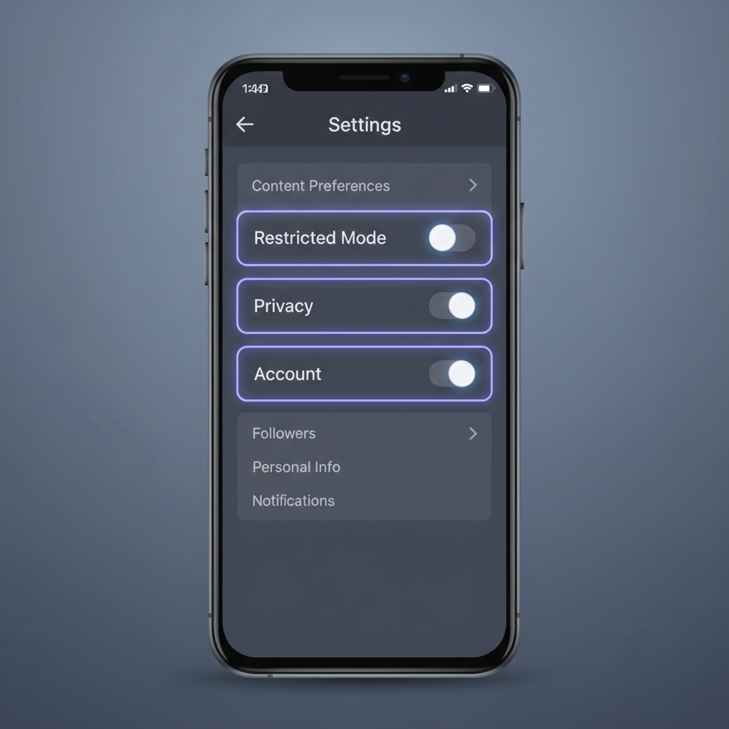 TikTok account settings screen highlighting restricted mode and privacy options