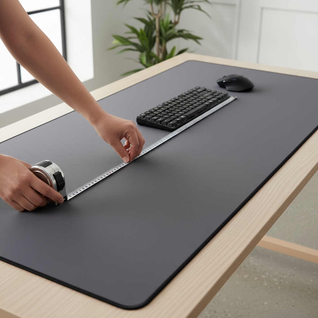 Measuring desk mat size and checking stitched edge on a desktop
