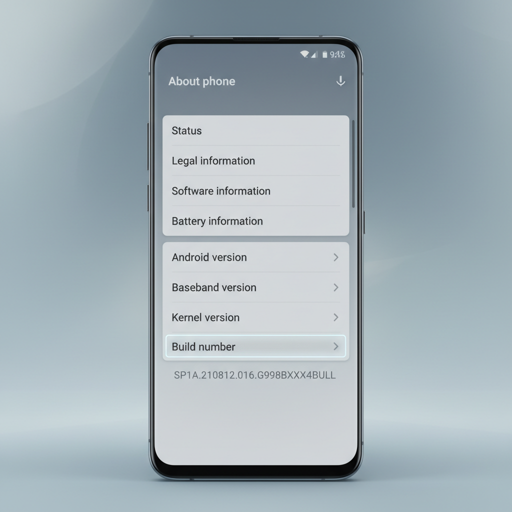 Samsung Android Software information screen highlighting Build number taps