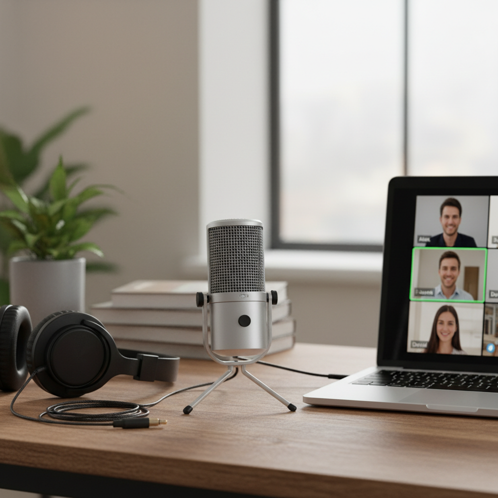 Close-up of a compact USB microphone and headphones for clearer video calls