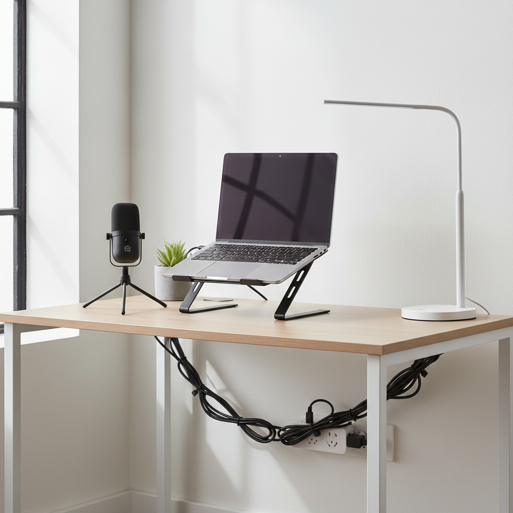 Budget home office desk setup with laptop, small gadgets, and tidy cable management
