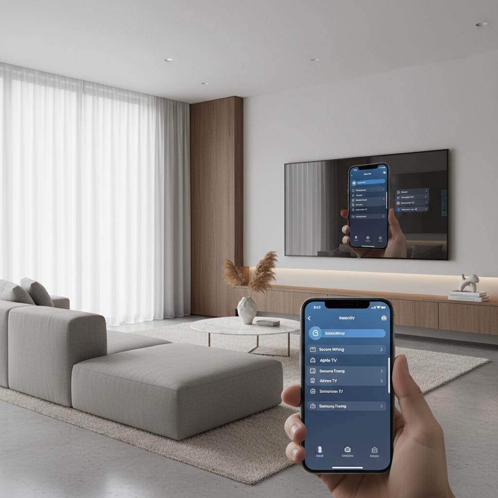 iPhone connecting to a smart TV wirelessly using AirPlay in a living room