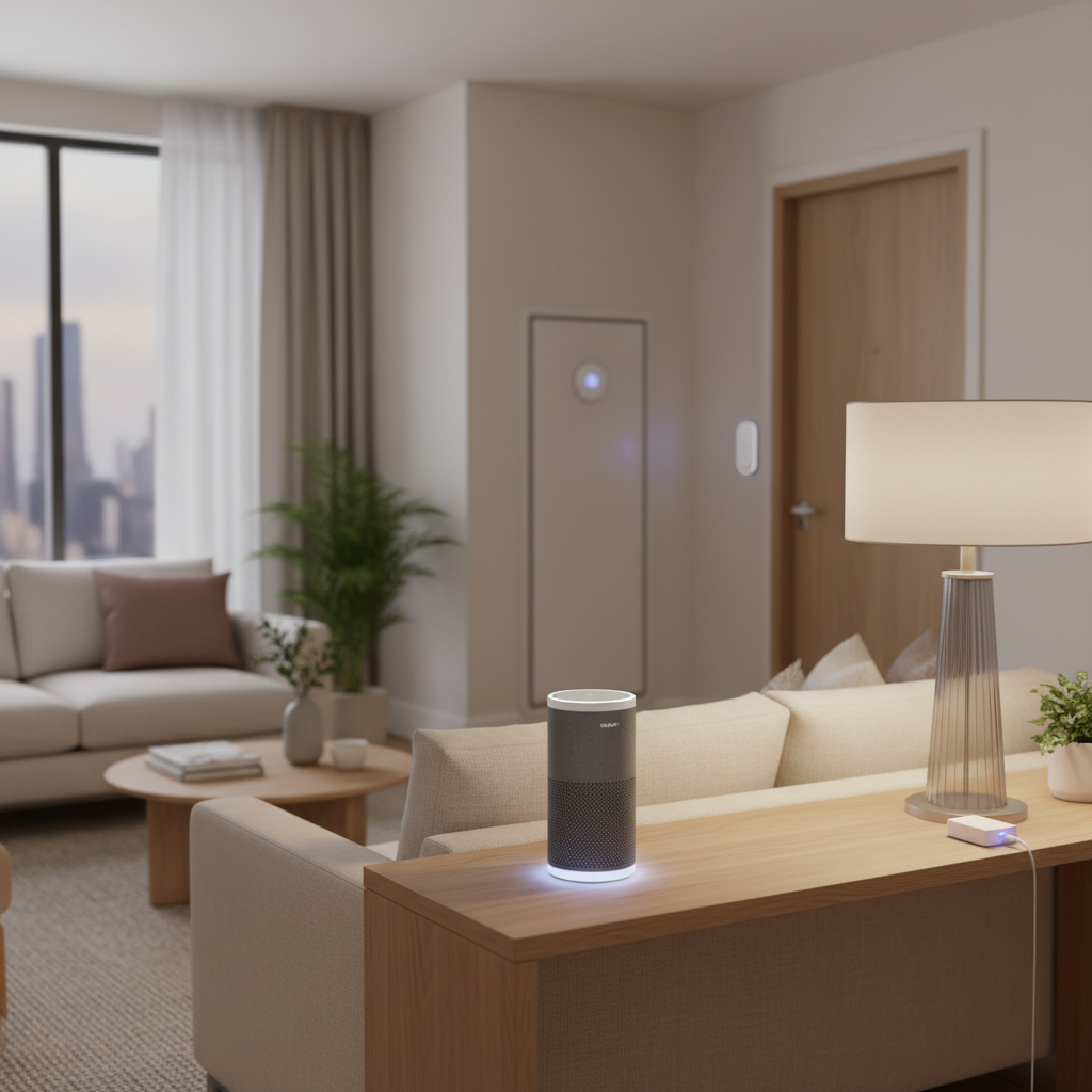 Smart home starter kit essentials in a small apartment living room