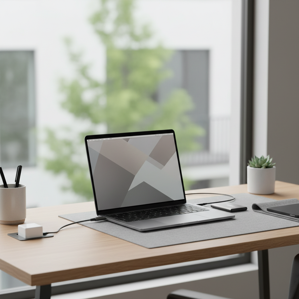 USB-C cable used at a desk with laptop charger and external SSD showing real-world setup